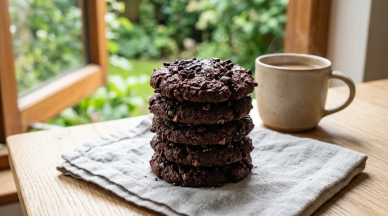 Pile élégante de cookies au chocolat noir sans sucre sur une table en bois clair, style gourmand.