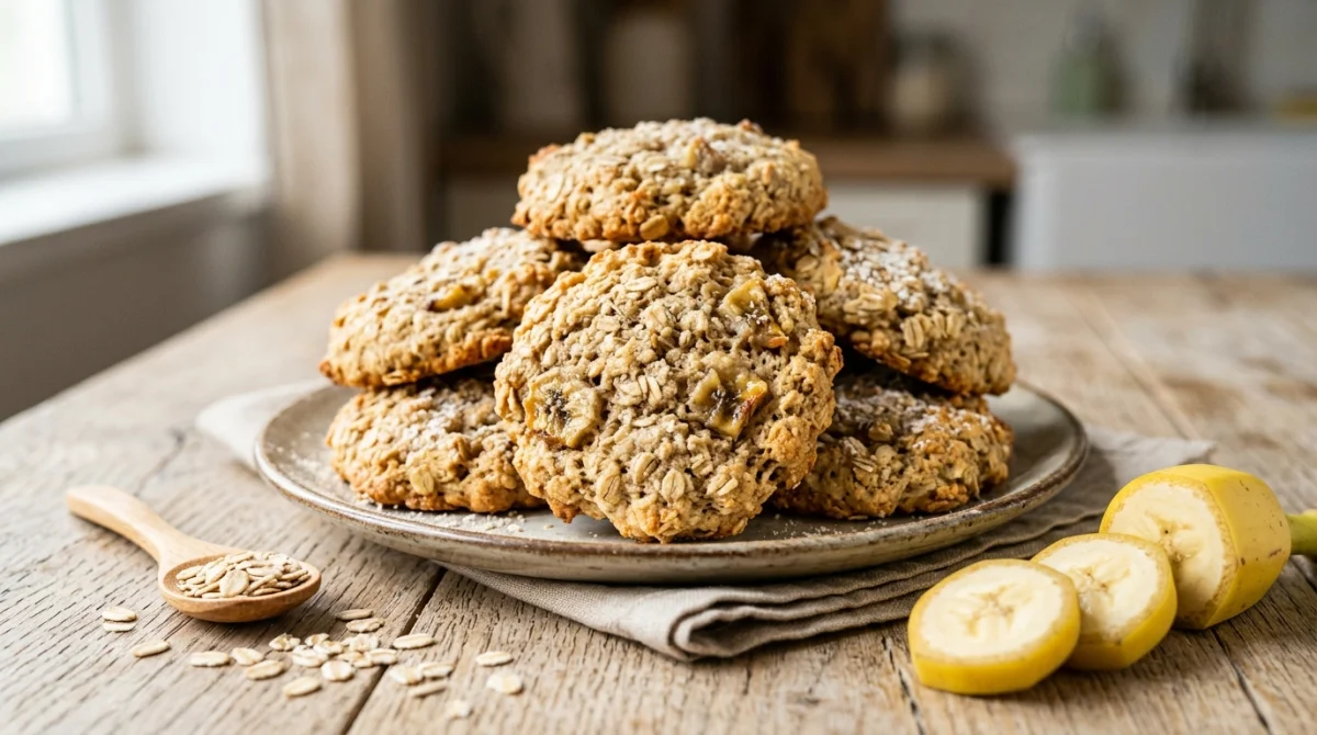 Biscuits artisanaux sains à la banane et aux flocons d'avoine disposés sur une table en bois rustique.