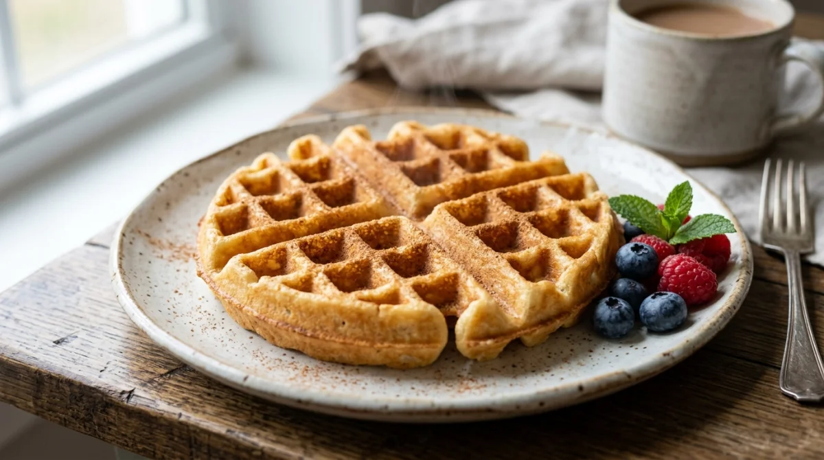 Gaufre sans sucre dorée et croustillante, saupoudrée de cannelle, accompagnée de myrtilles et framboises sur une table rustique.