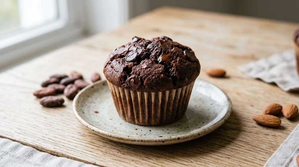 Muffin au chocolat noir sans sucre, riche en pépites, posé sur une table en bois clair.