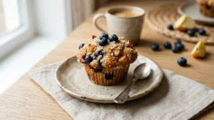 Muffin sans sucre moelleux aux myrtilles et morceaux de pomme sur une assiette artisanale.