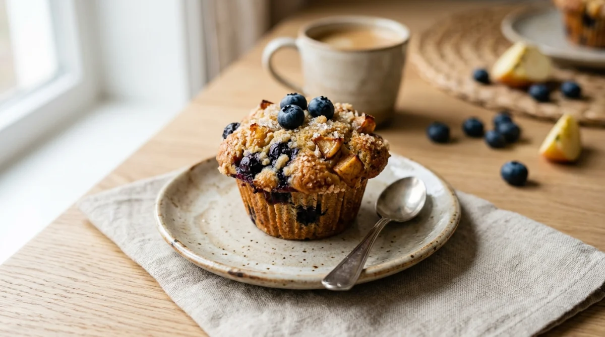 Muffin sans sucre moelleux aux myrtilles et morceaux de pomme sur une assiette artisanale.