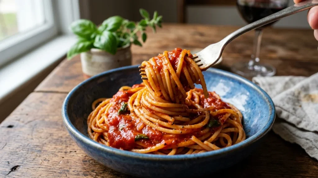 Fourchette enroulant des pâtes Poiatti al dente nappées de sauce tomate sur une assiette bleue, vue rapprochée gourmande.