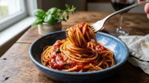 Fourchette enroulant des pâtes Poiatti al dente nappées de sauce tomate sur une assiette bleue, vue rapprochée gourmande.
