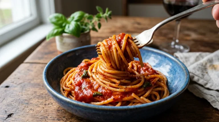 Fourchette enroulant des pâtes Poiatti al dente nappées de sauce tomate sur une assiette bleue, vue rapprochée gourmande.