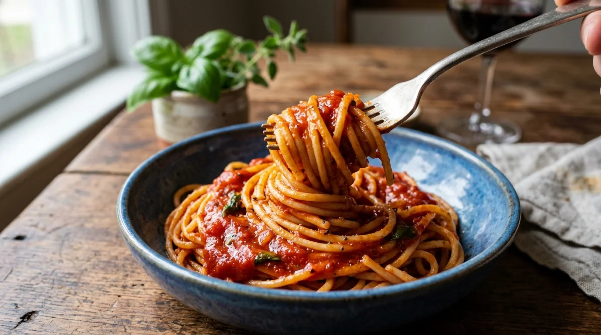 Fourchette enroulant des pâtes Poiatti al dente nappées de sauce tomate sur une assiette bleue, vue rapprochée gourmande.