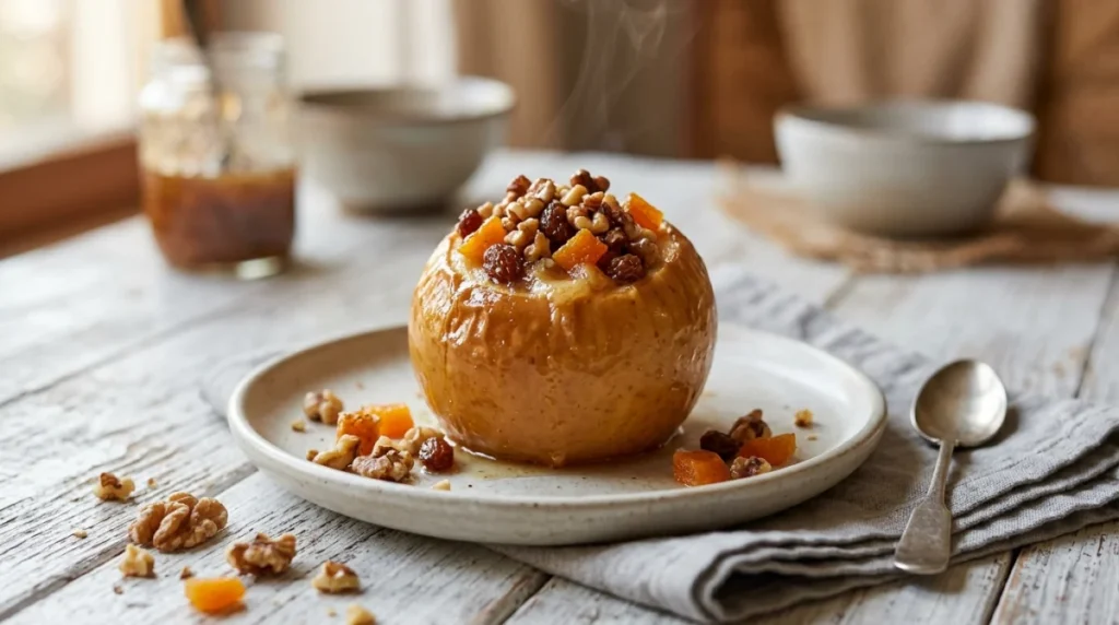 Pomme au four dorée farcie aux noix et fruits secs, une recette saine et gourmande sans sucre ajouté.