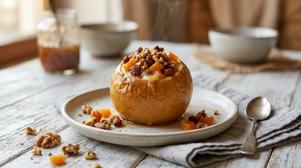 Pomme au four dorée farcie aux noix et fruits secs, une recette saine et gourmande sans sucre ajouté.