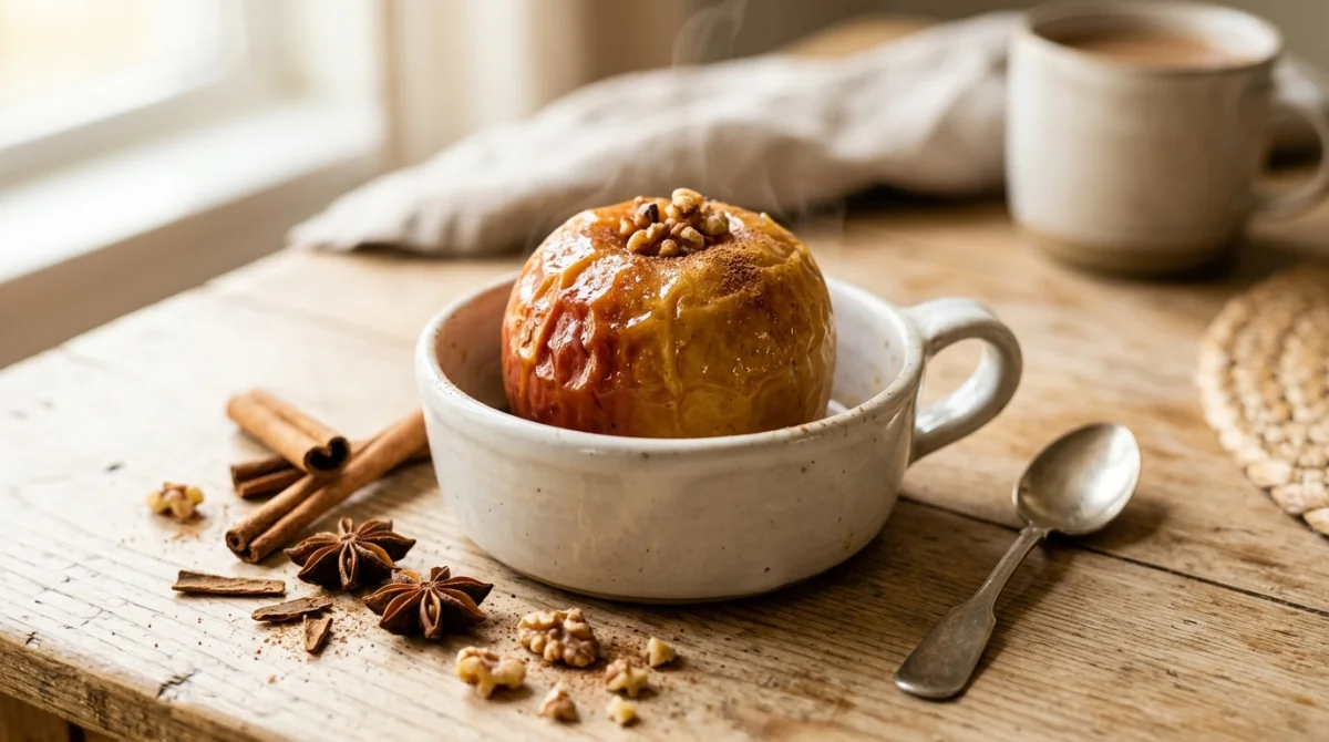 Pomme au four sans sucre fondante et dorée, servie dans un ramequin avec de la cannelle et des noix.