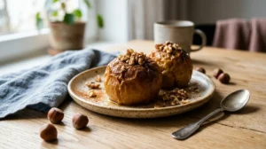 Deux pommes au four fondantes à la cannelle et aux noix sur une table en bois clair.
