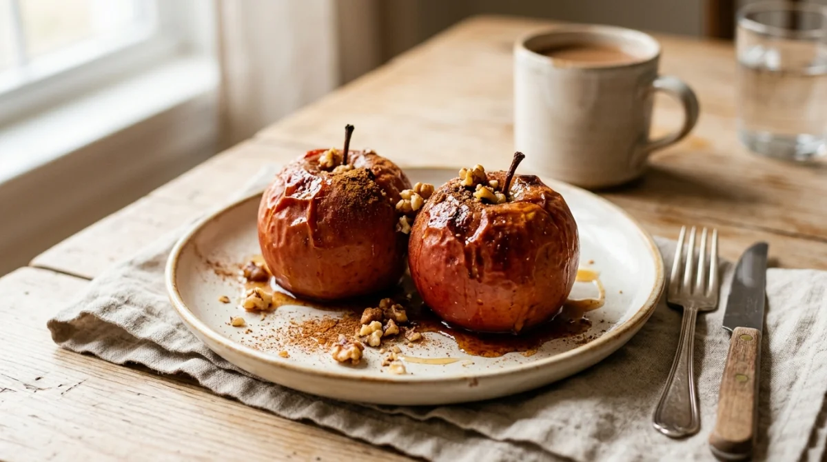 Deux pommes au four sans sucre garnies de cannelle et de noix sur une table en bois rustique.