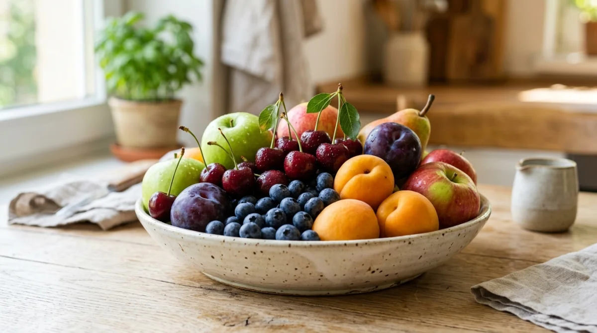 Assortiment de fruits frais colorés dans un plat en céramique pour préparer un clafoutis sans sucre sain.