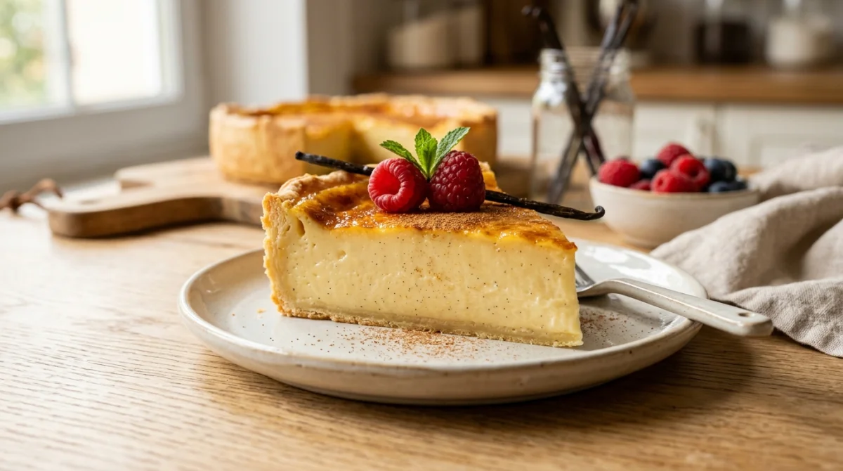 Part de flan pâtissier onctueux et doré, idéal pour une recette de flan sans sucre pour diabétique.