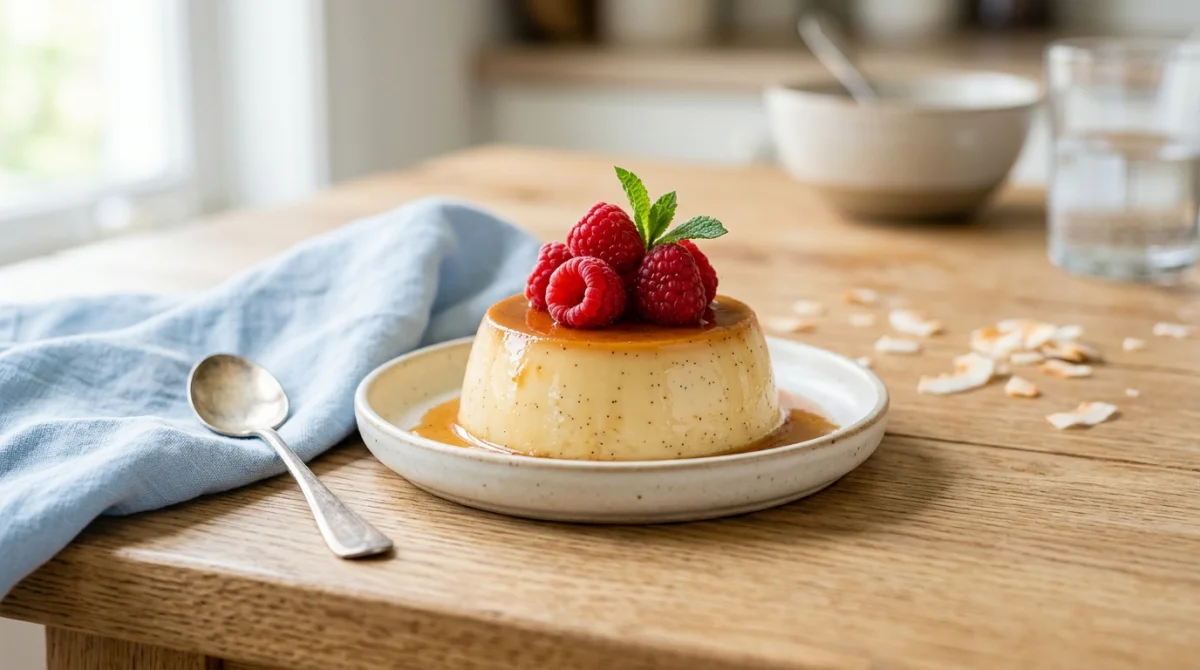 Flan à la vanille garni de framboises fraîches, une recette de flan sans sucre idéale pour diabétique.