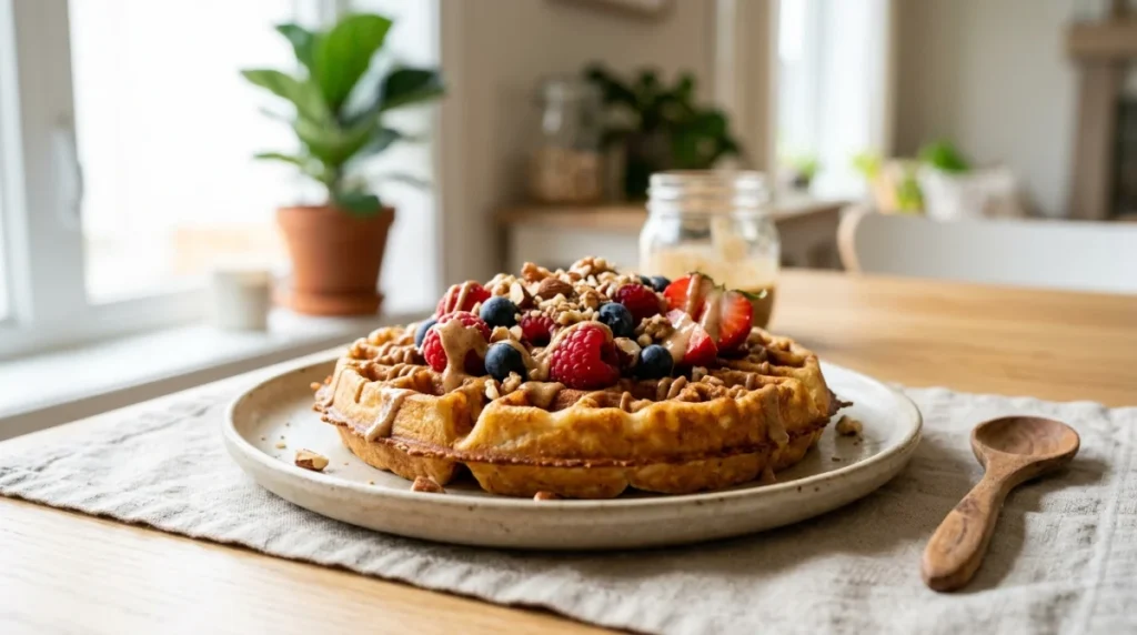 Gaufre sans sucre croustillante garnie de baies fraîches, de noix et de purée d'amande sur une table en bois.