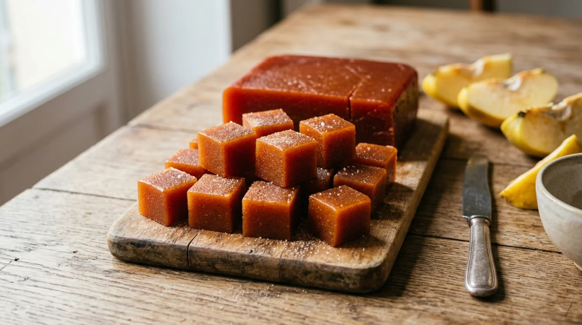 Cubes de pâte de coing artisanale sans sucre disposés sur une table en bois rustique avec des fruits frais.