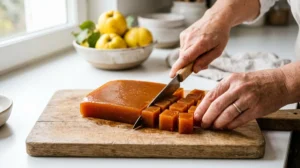 Mains découpant des cubes de pâte de coings artisanale sur une planche en bois pour cette recette sans sucre.