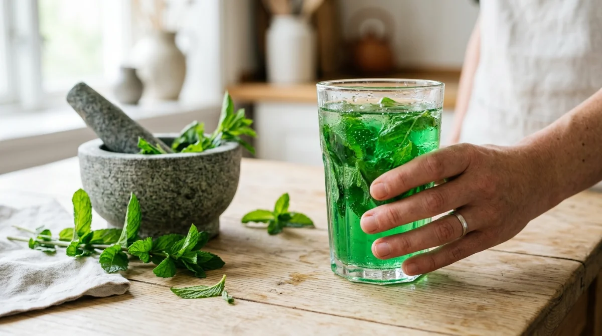 Main tenant un verre de sirop de menthe maison sans sucre avec des feuilles fraîches sur table boisée.