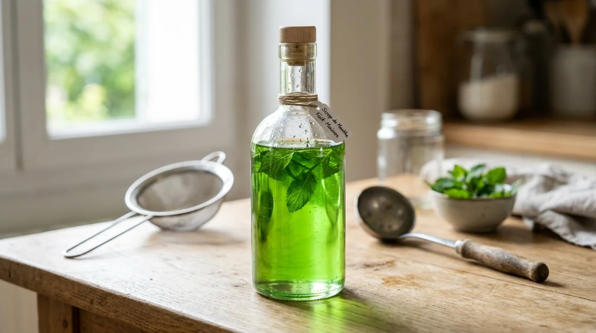 Bouteille élégante de recette sirop de menthe sans sucre avec feuilles fraîches sur une table en bois clair.
