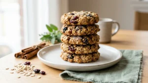 Pile de cookies à l'avoine sains et gourmands sur une assiette pour une recette de cookies sans sucre.
