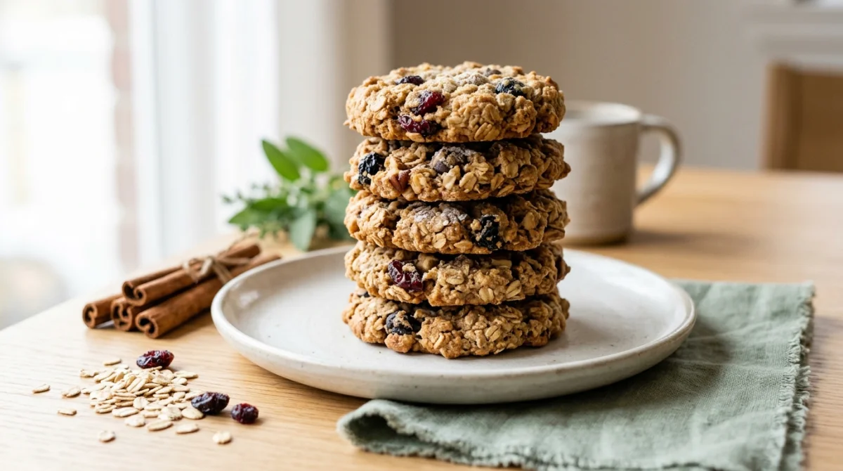 Pile de cookies à l'avoine sains et gourmands sur une assiette pour une recette de cookies sans sucre.