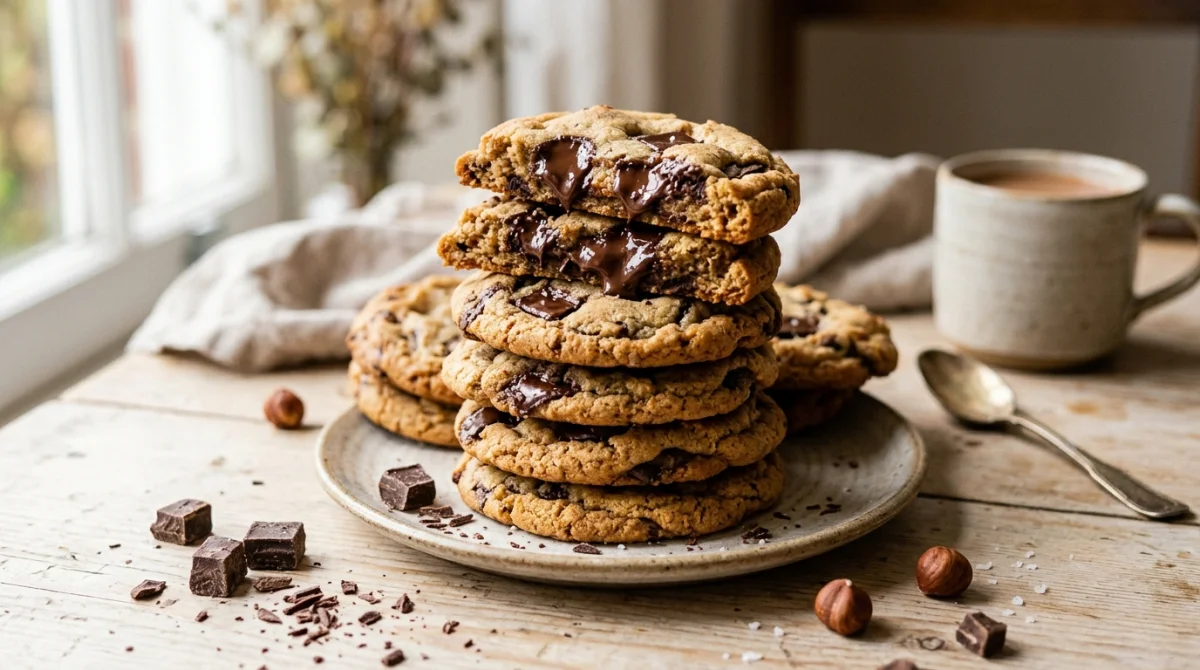 Pile de cookies dorés aux pépites de chocolat fondant sur une table en bois pour une recette sans sucre.