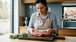 Personne examinant une pièce de viande décongelée sur une planche en bois pour savoir si elle est encore consommable.