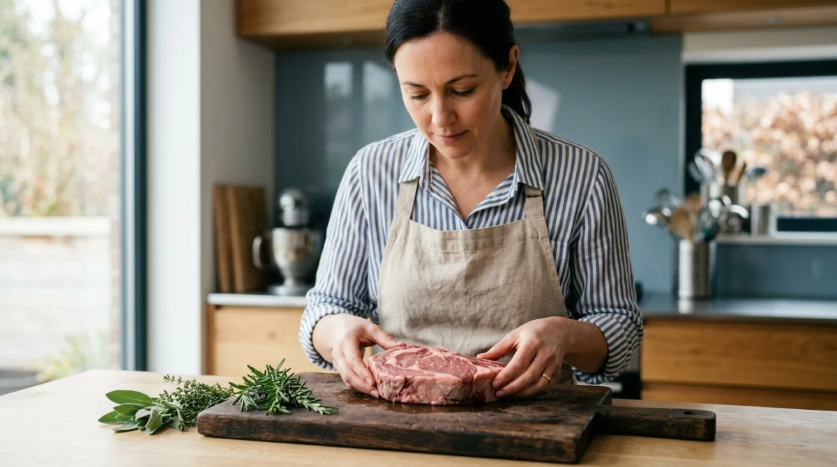 Personne examinant une pièce de viande décongelée sur une planche en bois pour savoir si elle est encore consommable.