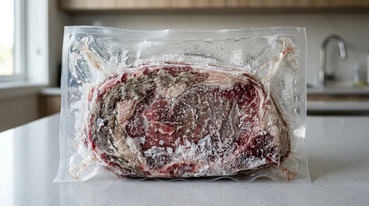 Morceau de viande rouge sous vide présentant des brûlures de congélation et des cristaux de givre importants.