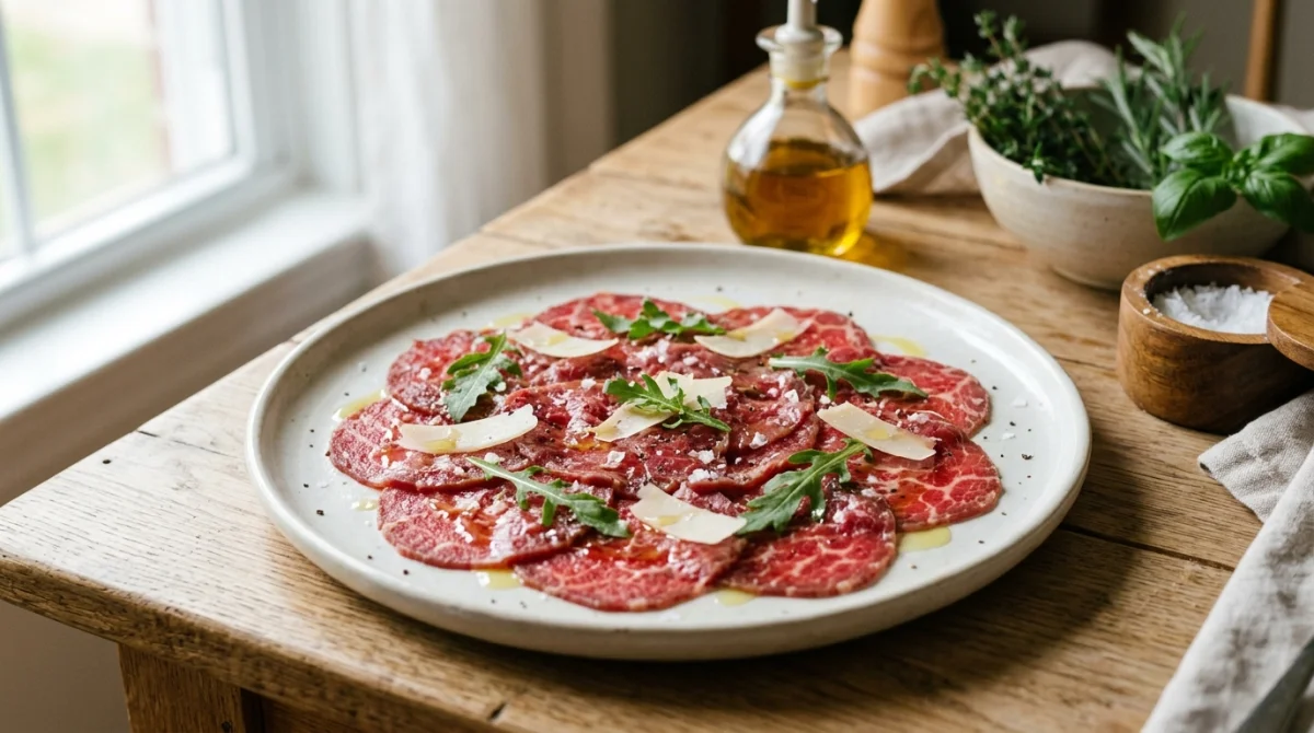Carpaccio de bœuf finement tranché sur une assiette pour illustrer si l'on peut manger de la viande congelée crue.