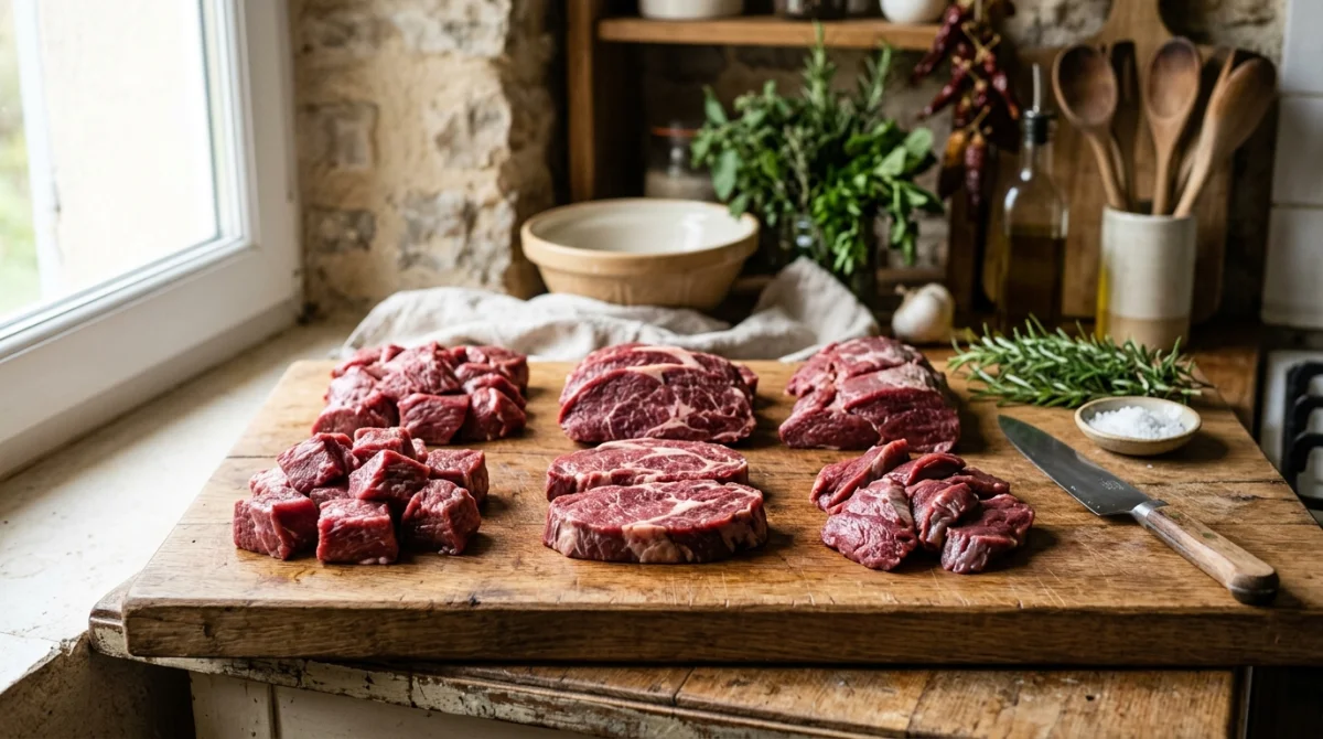 Morceaux de viande de sanglier frais disposés sur une planche en bois dans une cuisine rustique.