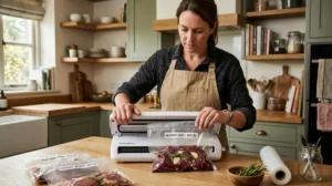 Personne utilisant une machine sous-vide pour conditionner de la viande de gibier dans une cuisine rustique.