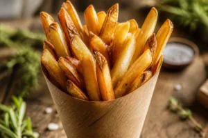 Généreuse portion de frites dorées et croustillantes servies dans un cornet en papier kraft sur une table rustique.