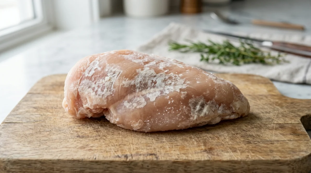 Morceau de poulet cru sur une planche avec des brûlures de congélation, illustrant si manger un poulet congelé 2 ans est sûr.