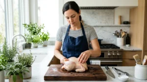 Personne examinant attentivement un poulet cru sur une planche en bois pour vérifier s'il est consommable.