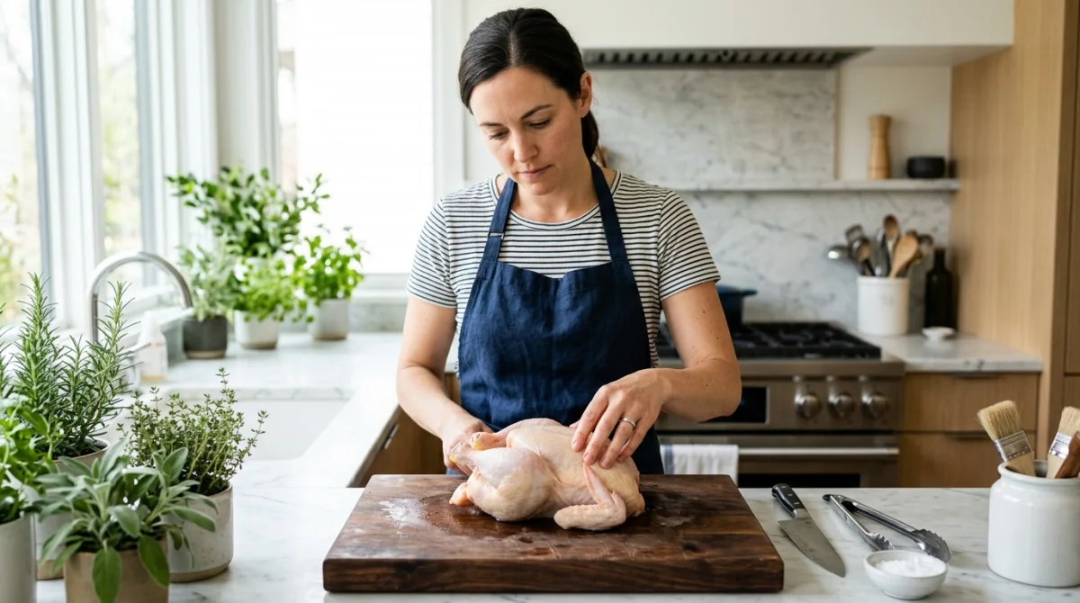 Personne examinant attentivement un poulet cru sur une planche en bois pour vérifier s'il est consommable.