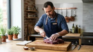 Boucher professionnel préparant soigneusement de la viande de sanglier frais sur une planche en bois propre.