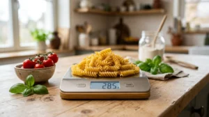 Portion de pâtes crues sur une balance de cuisine pour mesurer combien de grammes de pâtes par personne.