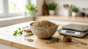 Bol de lentilles sèches avec une balance de cuisine pour mesurer la quantité de lentilles par personne.