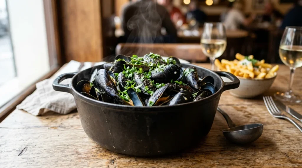 Marmite de moules marinières fumantes avec frites, idéale pour calculer combien de moules par personne.