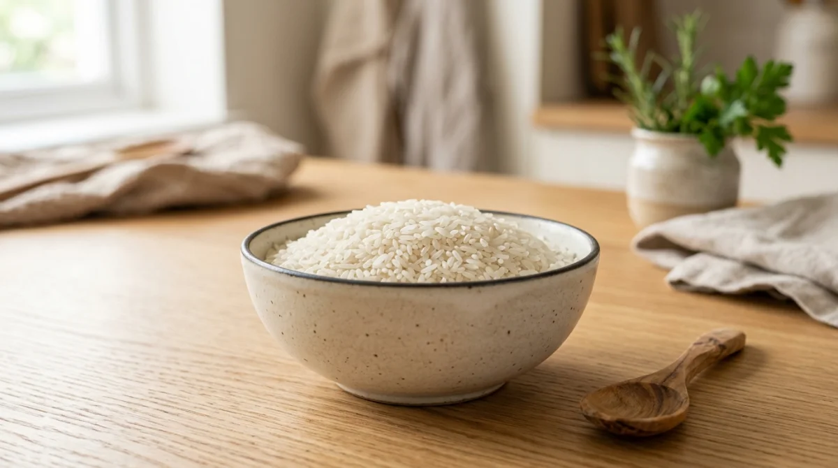 Bol en céramique contenant 60 grammes de riz cru pour illustrer combien de grammes de riz par personne prévoir.