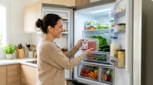 Personne souriante rangeant de la viande fraîche dans un réfrigérateur moderne pour une conservation optimale et sécurisée.