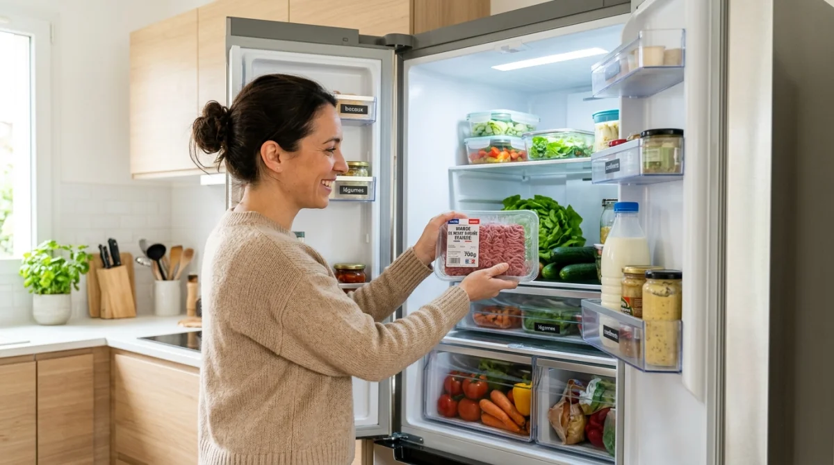 Personne souriante rangeant de la viande fraîche dans un réfrigérateur moderne pour une conservation optimale et sécurisée.