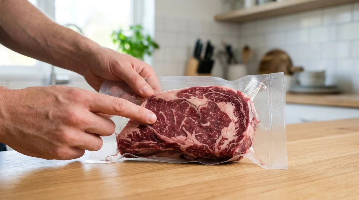 Morceau de viande sous vide sur un plan de travail, illustrant la conservation pour savoir si manger une viande congelée depuis 3 ans est possible.