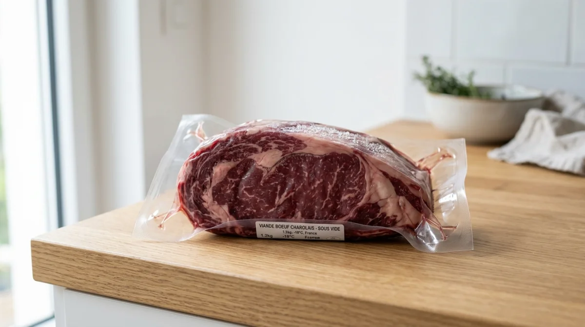 Morceau de viande sous vide bien conservé sur un plan de travail pour illustrer la consommation de viande congelée.