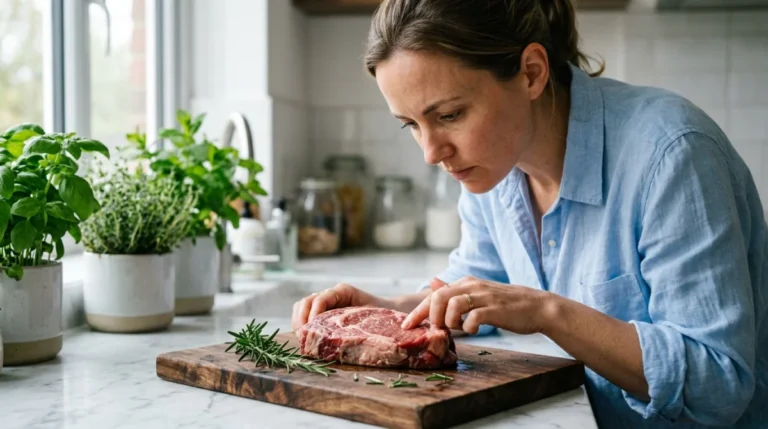 Une personne examine attentivement une pièce de viande décongelée pour vérifier si elle peut être consommée après congélation.