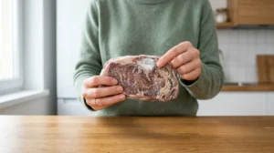 Personne examinant une viande congelée présentant des signes de brûlure de congélation pour vérifier si elle est consommable.