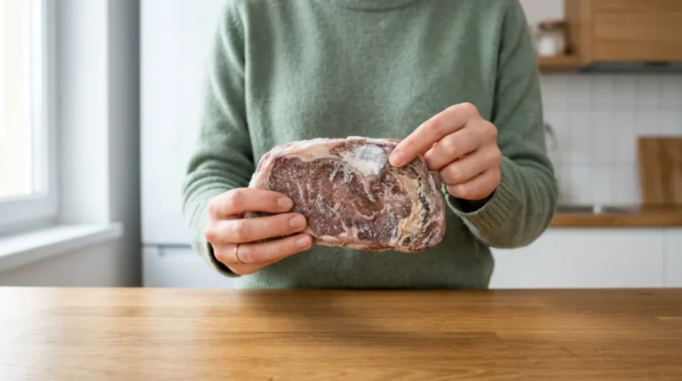 Personne examinant une viande congelée présentant des signes de brûlure de congélation pour vérifier si elle est consommable.