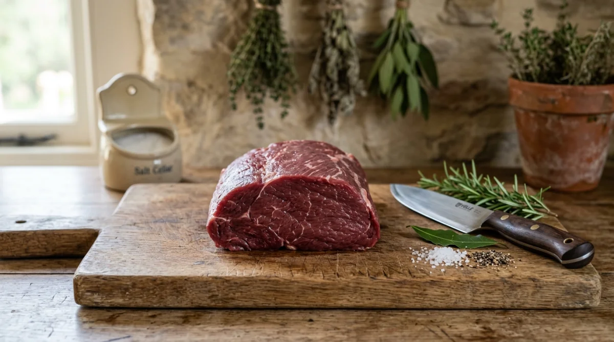 Pièce de viande de sanglier fraîche sur une planche en bois, idéale pour cuisiner du gibier sauvage.
