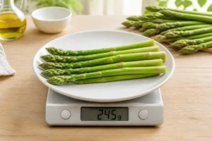 Assiette contenant 6 à 8 asperges vertes, soit environ 200 à 300 g par personne, avec une balance de cuisine